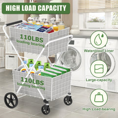 Extra Jumbo Shopping Cart,2 Layers Grocery Cart on Wheels, Foldable Utility Shopping Carts with Double Basket and 360° Rolling Swivel Wheels for Groceries Laundry, White