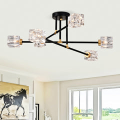 Modern Ceiling Lamp with Light Fixture (6*G9 Bulbs Included),Modern Semi Flush Mount Light Fixture Crystal Chandelier for Dining Room, Bedroom, Living Room--Matte Black
+Matte Gold