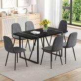 Table and Chair Set. A 55-Inch minimalist retro rectangular dining table with a black textured top.Paired with 6 Dark Gray Linen-Cotton Material High Resilience Dining Chair with Metal Leg.