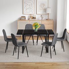 Table and Chair Set. A 55-Inch minimalist retro rectangular dining table with a black textured top.Paired with 6 Dark Gray Linen-Cotton Material High Resilience Dining Chair with Metal Leg.