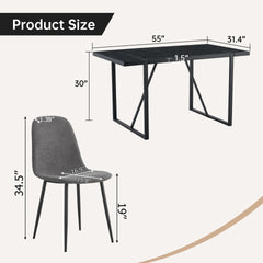 Table and Chair Set. A 55-Inch minimalist retro rectangular dining table with a black textured top.Paired with 6 Dark Gray Linen-Cotton Material High Resilience Dining Chair with Metal Leg.