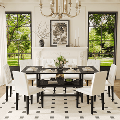 Table and chair set.71*35.4 inch Black Grain Spliced Dining Table With Storage Function In The Middle Of The Table Legs.Paired with 8 WHITE PU dining chairs with ergonomic buckle backrest.