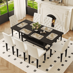 Table and chair set.71*35.4 inch Black Grain Spliced Dining Table With Storage Function In The Middle Of The Table Legs.Paired with 8 WHITE PU dining chairs with ergonomic buckle backrest.