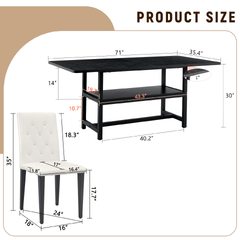 Table and chair set.71*35.4 inch Black Grain Spliced Dining Table With Storage Function In The Middle Of The Table Legs.Paired with 8 WHITE PU dining chairs with ergonomic buckle backrest.