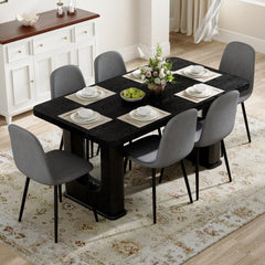 Table and chair set.64.5 x 35.4 Inch Stylish Black Wood Color Textured Dining Table.Paired with 6 Dark Gray Linen-Cotton Material High Resilience Dining Chair with Metal Leg.