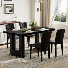 Table and chair set.64.5 x 35.4 Inch Stylish Black Wood Color Textured Dining Table.4-pack black PU dining chairs: ergonomic buckle backrest.Exudes A Strong Sense Of Fashion.