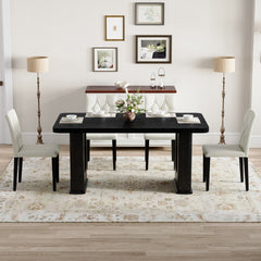 Table and chair set.64.5 x 35.4 Inch Stylish Black Wood Color Textured Dining Table.4-pack white PU dining chairs: ergonomic buckle backrest.Exudes A Strong Sense Of Fashion.