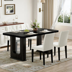 Table and chair set.64.5 x 35.4 Inch Stylish Black Wood Color Textured Dining Table.4-pack white PU dining chairs: ergonomic buckle backrest.Exudes A Strong Sense Of Fashion.