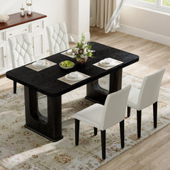 Table and chair set.64.5 x 35.4 Inch Stylish Black Wood Color Textured Dining Table.4-pack white PU dining chairs: ergonomic buckle backrest.Exudes A Strong Sense Of Fashion.
