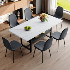Table and chair set.71*35.4 inch Black Grain Spliced Dining Table With Storage Function In The Middle Of The Table Legs.Paired with 6 Dark Gray Linen-Cotton Material High Resilience Dining Chairs.