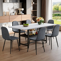 Table and chair set.71*35.4 inch Black Grain Spliced Dining Table With Storage Function In The Middle Of The Table Legs.Paired with 6 Dark Gray Linen-Cotton Material High Resilience Dining Chairs.