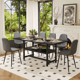 Table and chair set.71*35.4 inch Black Grain Spliced Dining Table With Storage Function In The Middle Of The Table Legs.Paired with 6 Dark Gray Linen-Cotton Material High Resilience Dining Chairs.