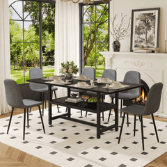 Table and chair set.71*35.4 inch Black Grain Spliced Dining Table With Storage Function In The Middle Of The Table Legs.Paired with 6 Dark Gray Linen-Cotton Material High Resilience Dining Chairs.