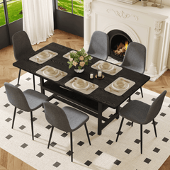 Table and chair set.71*35.4 inch Black Grain Spliced Dining Table With Storage Function In The Middle Of The Table Legs.Paired with 6 Dark Gray Linen-Cotton Material High Resilience Dining Chairs.