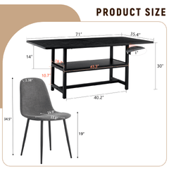 Table and chair set.71*35.4 inch Black Grain Spliced Dining Table With Storage Function In The Middle Of The Table Legs.Paired with 6 Dark Gray Linen-Cotton Material High Resilience Dining Chairs.