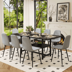 Table and chair set.71*35.4 inch Black Grain Spliced Dining Table With Storage Function In The Middle Of The Table Legs.Paired with 8 Light Gray Linen-Cotton Material High Resilience Dining Chairs.