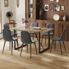 Table and chair set, upholstered side chairs in a modern medieval style, 6 dark grey dining chairs and a rustic industrial rectangular wood color MDF dining table.W1151S01857