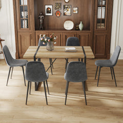 Table and chair set, upholstered side chairs in a modern medieval style, 6 dark grey dining chairs and a rustic industrial rectangular wood color MDF dining table.W1151S01857