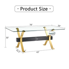 1 table and 8 chairs. Modern, simple and luxurious tempered glass rectangular dining table and desk with 8 white PU gold plated leg chairs 79''x39''x30''