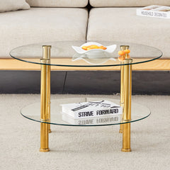 Contemporary Minimalist Double Layer Tempered Glass Coffee Table - 27.5" Top and 23.6" Bottom.Reinforced Glass Tabletop,Stainless Steel Gold Plated Legs.