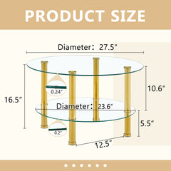 Contemporary Minimalist Double Layer Tempered Glass Coffee Table - 27.5" Top and 23.6" Bottom.Reinforced Glass Tabletop,Stainless Steel Gold Plated Legs.