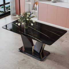 Modern minimalist rectangular dining table, 0.4 inch thick, with a black imitation marble pattern desktop and black MDF legs. Suitable for kitchen and restaurant 63''*35.4''X30".W1151S00387