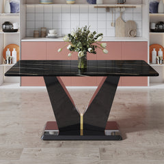 Modern minimalist rectangular dining table, 0.4 inch thick, with a black imitation marble pattern desktop and black MDF legs. Suitable for kitchen and restaurant 63''*35.4''X30".W1151S00387