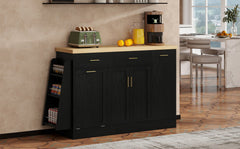 TREXM Multi-Functional Storage Sideboard, Trash Can Storage, Sliding Door Cabinet & 3-Tier Spice Rack,Kitchen Island Table for Kitchen, Dining Room (Black)