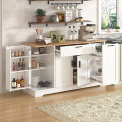 TREXM Multi-Functional Storage Sideboard, Extendable Dining Table, Adjustable Shelves, 3-Tier Pull-Out Rack, Kitchen Island Storage for Kitchen, Dining Room, Living Room (White)