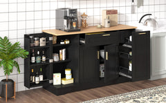 TREXM Multi-Functional Storage Sideboard, Extendable Dining Table, Adjustable Shelves, 3-Tier Pull-Out Rack, Kitchen Island Storage for Kitchen, Dining Room, Living Room (Black)