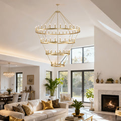70.87 INCH 3 Tiers Wagon Wheel Chandelier Farmhouse 60-Light , Gold Color Metal Chandeliers 4-Story Light Fixtures Industrial for High Ceiling Living Dining Room Foyer. Adjustable Height-E12