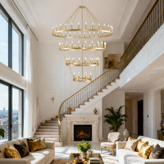 70.87 INCH 3 Tiers Wagon Wheel Chandelier Farmhouse 60-Light , Gold Color Metal Chandeliers 4-Story Light Fixtures Industrial for High Ceiling Living Dining Room Foyer. Adjustable Height-E12
