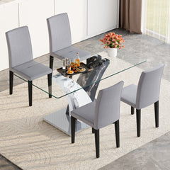 Table and chair set.Modern dining table, tempered glass countertop, and artistic MDF legs.Paried With 4 Light Gray Linen-Cotton dining chairs, simple and versatile, comfortable and accompanied.