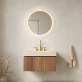 MURI 30" Bathroom Vanity&Sink, Floating Plywood Storage Cabinet with Drawer&Door, Roma Travertine Sintered Stone Top&Ceramic Basin with 3 Pre-drilled Faucet Holes, Pre-assembled, Brown Oak Woodgrain