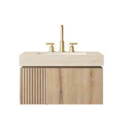 MURI 30" Bathroom Vanity&Sink, Floating Plywood Storage Cabinet with Drawer&Door, Roma Travertine Sintered Stone Top&Ceramic Basin with 3 Pre-drilled Faucet Holes, Pre-assembled, White Oak Woodgrain