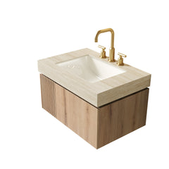 MURI 30" Bathroom Vanity&Sink, Floating Plywood Storage Cabinet with Drawer&Door, Roma Travertine Sintered Stone Top&Ceramic Basin with 3 Pre-drilled Faucet Holes, Pre-assembled, White Oak Woodgrain