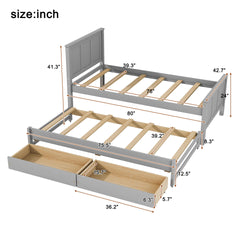 Twin Size Platform Bed with Trundle and Drawers, Gray