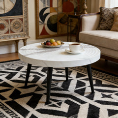 Elegant White Marble Pattern Round Coffee Table - Diameter 23.6 Inches, Exquisite Suction Molding Process,White Marble Pattern Design,Black Sprayed Metal Leg.