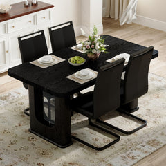 Table and chair set.64.5 x 35.4 Inch Stylish Black Wood Color Textured Dining Table.Paired with 4 Black PU chairs with Black Featuring arched black legs.Exudes A Strong Sense Of Fashion.