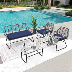 4-piece wicker patio furniture set with tempered glass table, detachable blue cushion cover for easy cleaning,Suitable for backyard, balcony, etc