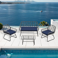 4-piece wicker patio furniture set with tempered glass table, detachable blue cushion cover for easy cleaning,Suitable for backyard, balcony, etc