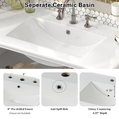 36" Bathroom Vanity with Ceramic Sink, Bathroom Vanity with Adjustable Shelf and Open Shelf, with Solid Wood Legs, Waterproof Painted Finish, Silver Metal Knobs and Soft Close Hinges Design, White