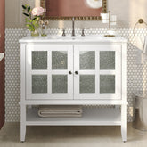 36" Bathroom Vanity with Ceramic Sink, Bathroom Vanity with Adjustable Shelf and Open Shelf, with Solid Wood Legs, Waterproof Painted Finish, Silver Metal Knobs and Soft Close Hinges Design, White