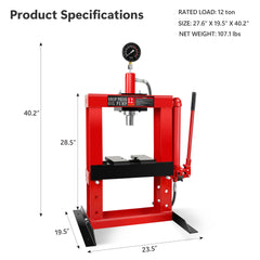 12-Ton Adjustable Benchtop Hydraulic Shop Press for Garage w/Stamping Plates & Pressure Gauge, Manual Hand Pump