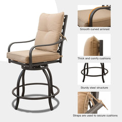 Outdoor Living 3 Piece Patio Bar Set with Swivels Bar Stools and Top Table, Outdoor Bistro Set for Garden Balcony Backyard Deck, High Bar Chairs with Seat Cushion and backrest Cushion,Khaki