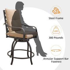 Outdoor Living 3 Piece Patio Bar Set with Swivels Bar Stools and Top Table, Outdoor Bistro Set for Garden Balcony Backyard Deck, High Bar Chairs with Seat Cushion and backrest Cushion,Khaki