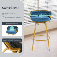 Swivel Counter Height Bar Stools Set of 2, 31." Bar Height Stools with Hand-Woven Backrest & Gold Metal Legs, Modern Low Back Upholstered Kitchen Chairs with Footrest for Island, Dining Room,Blue