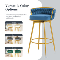 Swivel Counter Height Bar Stools Set of 2, 31." Bar Height Stools with Hand-Woven Backrest & Gold Metal Legs, Modern Low Back Upholstered Kitchen Chairs with Footrest for Island, Dining Room,Blue