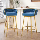Swivel Counter Height Bar Stools Set of 2, 31." Bar Height Stools with Hand-Woven Backrest & Gold Metal Legs, Modern Low Back Upholstered Kitchen Chairs with Footrest for Island, Dining Room,Blue