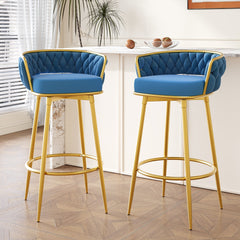 Swivel Counter Height Bar Stools Set of 2, 31." Bar Height Stools with Hand-Woven Backrest & Gold Metal Legs, Modern Low Back Upholstered Kitchen Chairs with Footrest for Island, Dining Room,Blue